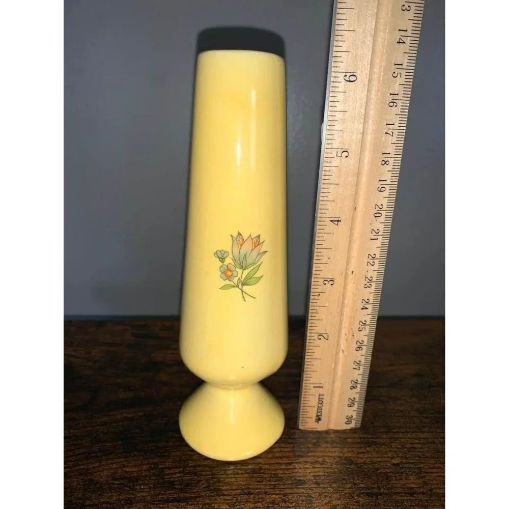 Vintage Yellow Art Pottery Bud Vase 6 Inch Footed Pedestal Glazed Ceramic Decor